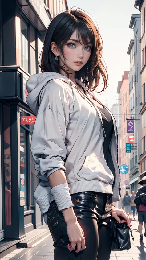   anime girl , White short hair, Purple Eyes,  hoodies , pc, streamer, vtuber,  street style