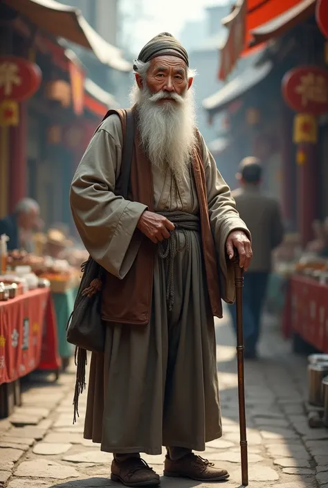 Chinese old man , Thin figure,  long beard , Traditional folk costumes, Holding a cane,  high resolution image ,  Realistic ,  market atmosphere