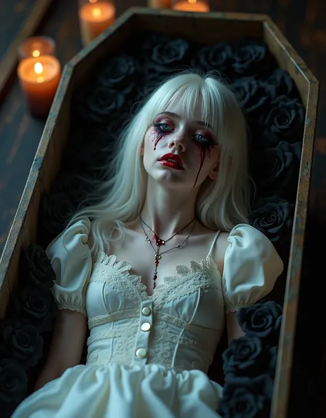 (1 cute albino little european girl), blue eyes, skin white as snow, white victorian clothes, sad smile, very beautiful, cozy atmosphere, inside a coffin full of black roses, long white hair, elegant, detailed face, detailed eyes, detailed body, very reali...