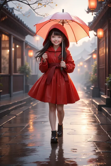 A cute girl wearing a vibrant red hooded cloak walking gracefully in the rain, holding a small, translucent umbrella. Her bright cloak contrasts beautifully with the muted tones of the rainy atmosphere. Raindrops cascade off her umbrella and cloak, creatin...