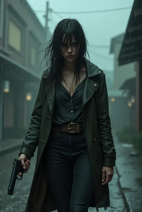 A woman walking down a street in heavy rain, gun in one hand, hair and clothes soaking wet,