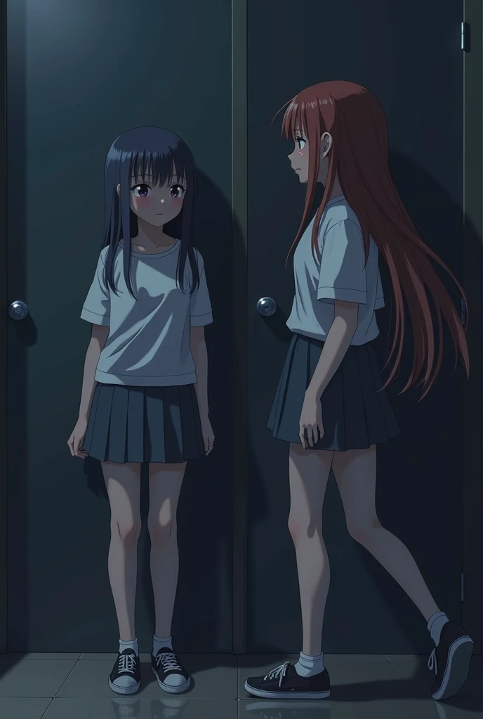 two girls teens the other one is crying and the other one is going out of the classroom the other one is japanese the other one is kind of american anime style not too american darker shades night time taller and much teenage