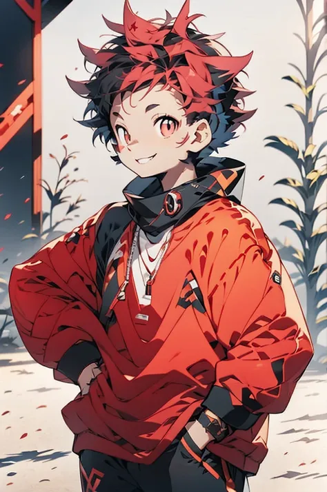 Light skin anime girl,   crimson red eyes  , messy black and red hair ,  with a slight smile ,  He wears black and red gaming headphones and a black sweatshirt.