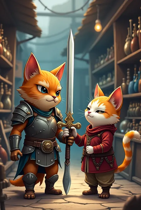 anime,a cat in clothes A seller in an arms shop bends a sword to a cat in barbarian armor 