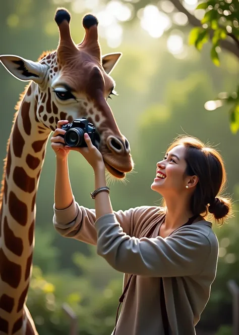 Everyone is happy moving, the giraffe moving her neck and the woman taking a picture.