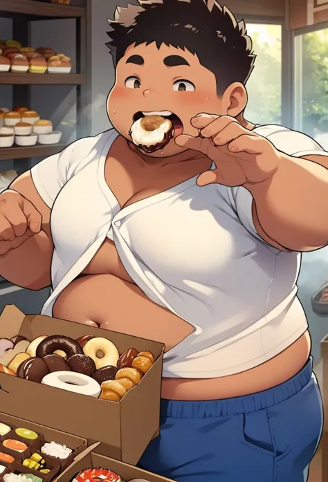 fat indian boy , obese boy, big belly, tight belly, small white shirt, small brown shorts, eating a chocolate donut, next to a b...