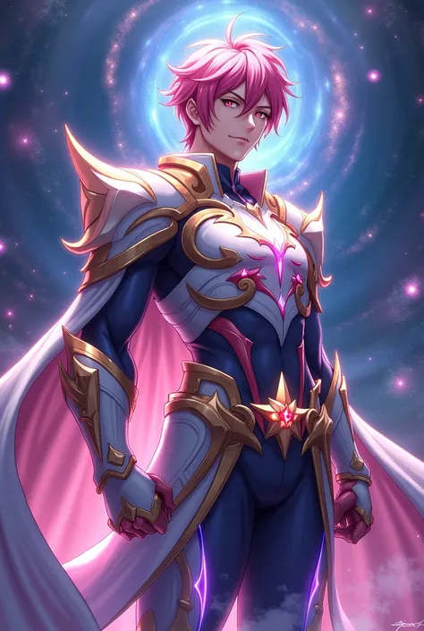  create an anime-style character, man, With semi-short pink hair, with armor,  and star-themed , How a Star Warrior 