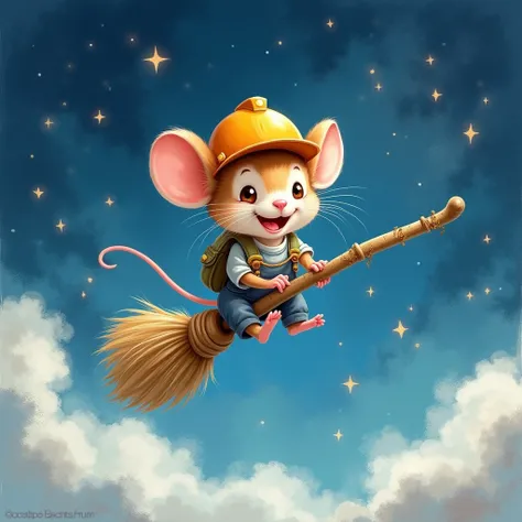 A cute mouse wearing a hard hat, riding a broomstick in the starry night sky. Watercolor, fantasy, illustration.