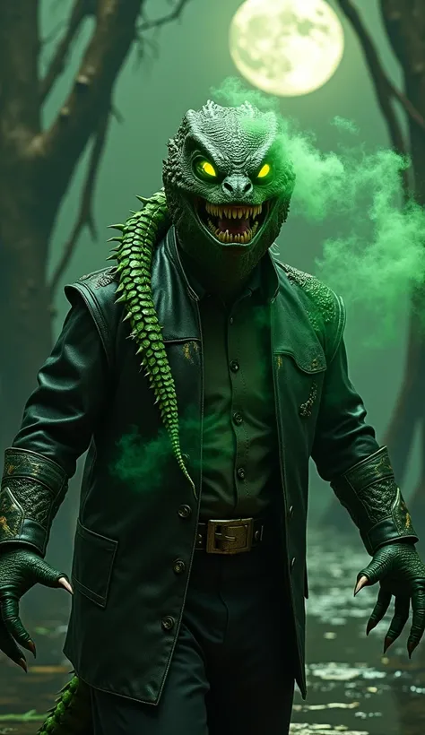 ** Description for image generation :**  

"Donald Trump é retratado as Reptile, the reptilian warrior from Mortal Kombat, in a highly detailed and stylized view. He wears a suit that mixes dark green leather with black armor, inspired by the scales of a r...