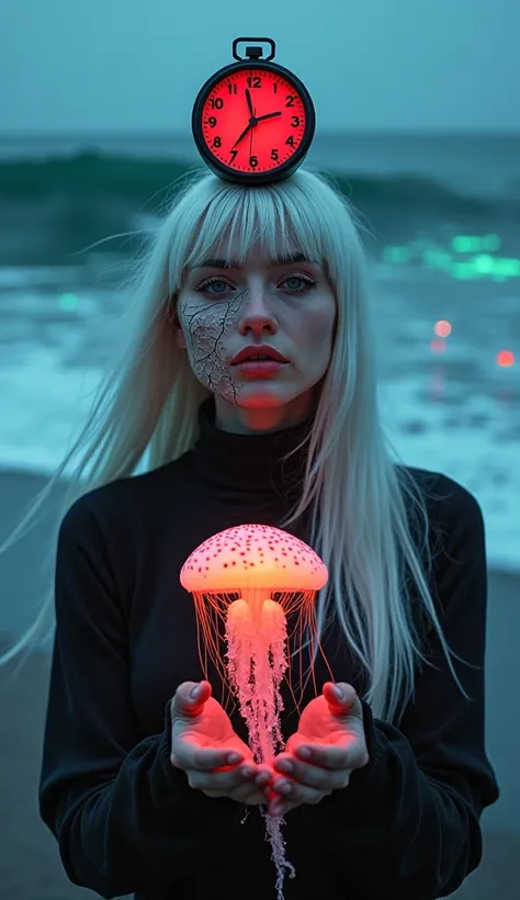    Photo of a woman with white hair with bangs   ,  in her hands,   one half of her face is smooth   ,    The other half of her face looks like cracked putty,   round red clock on her head  ,    background bioluminescent ocean waves  ,   black sand striped...