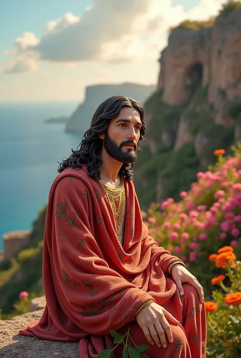 Picture of Jesus Christ on top of a red stone marram Jesus with face facing a pubic background with a beautiful passage in the background with the sea with tall walks full of flowers 