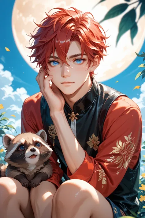 anime boy with raccoon is sitting and look up to the moon, an anime drawing by asuka111 , he has a lightblue eyes and red hair