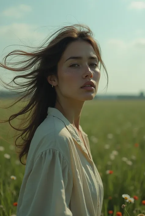  Realistic picture of a woman standing in a big field.  tears dropping from her eye. Strong wind blowing her hair.
