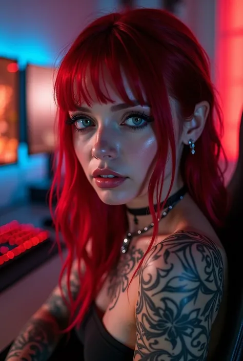 A realistic and natural close-up portrait of a gothic-style woman with vibrant red hair featuring black streaks, glowing white eyes, and small sharp fangs. She is smiling subtly while striking a sensual and playful pose. The woman has intricate tattoos cov...