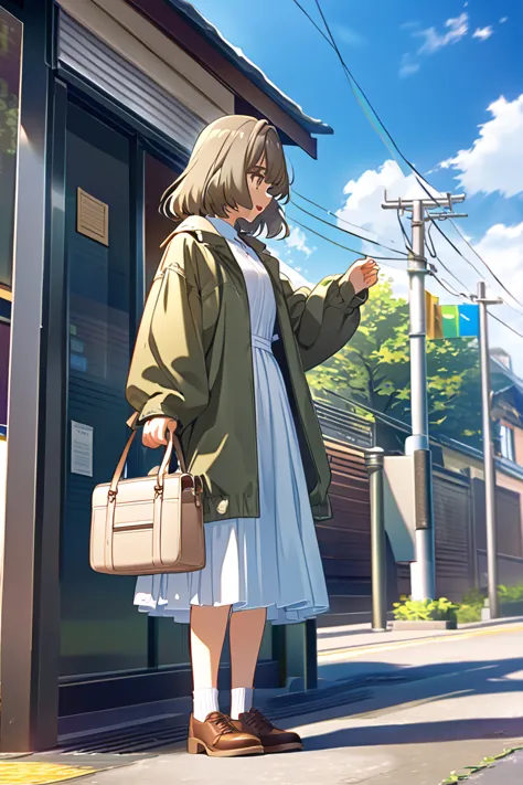 long_skirt, , bag, solo, outdoors, socks, open_mouth, shoes, long_sleeves, sky,  jacket, standing,  profile, brown_footwear, day