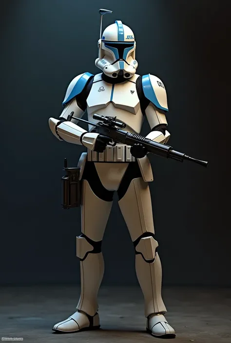 Make a Star wars clone trooper (phase 2 armor) in a realistic animated style, with sand blue markings in his armor and an antena in his shoulder pad. Holding a DC-17 pistol. With a dark background and dark lighting 