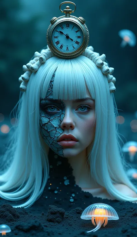    Photo of a woman with white hair with bangs   ,  in her hands,   one half of her face is smooth   ,    The other half of her face looks like cracked putty,   round red clock on her head  ,    background bioluminescent ocean waves  ,   black sand striped...