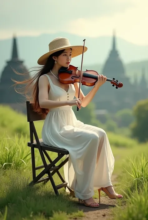  Beautiful 25-year-old Asian European woman with long brown straight hair like being carried away by the wind , wearing a white dress , high-heeled sandals , wearing a wide hat with a pearl necklace , sitting playing violin on folding chair in green grass ...