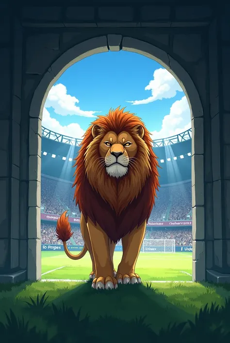 A lion is standing in front of a tunnel exit at a football stadium. anime