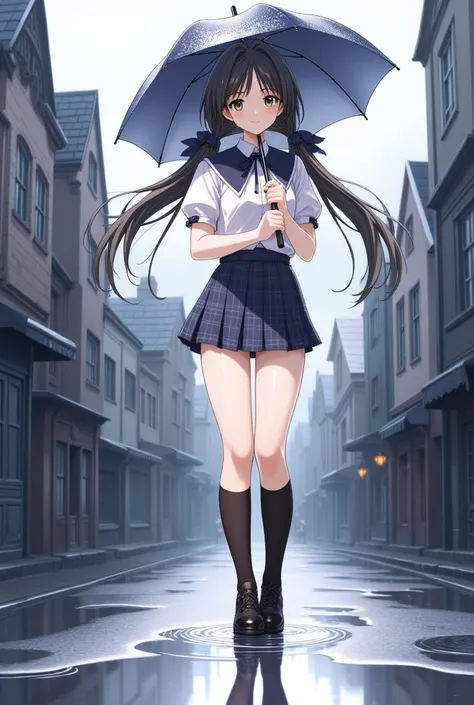 masterpiece、 best quality、( Its raining:1.4)、１gilr,Alone,(Townを歩く少女)、 black hair、 twin tails、 school uniform、uniform、 pleated skirt、 Checked Skirt 、Use an umbrella、(雨のTown)、 beautiful scenery 、 Scenery Reflected in a Puddle 、Town、smile、(White panties that ...