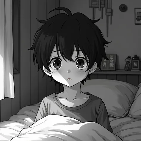 Anime, realistic, black tone, black and white hair, sad look, Japanese face , background bedroom , boy