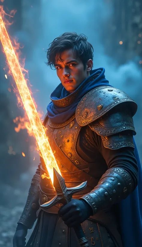 A fantasy warrior holds an enchanted sword that radiates an ethereal blue and orange glow. They wear intricate armor adorned with glowing runes, their eyes exuding determination as the fiery blade of light pierces through smoke billowing from behind them, ...