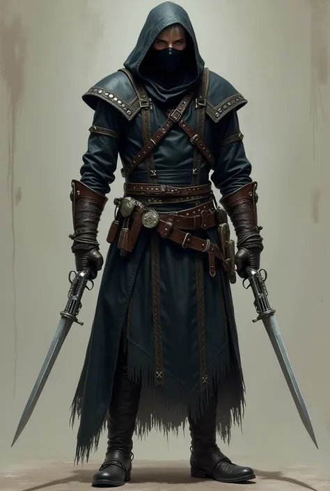 A 20-year-old rogue ,  medieval killer ,  wearing dark leather robes and rotten metal mesh , Squeeze the body .   A dark leather boot .   A black bandana on his face .  A black cover that appears to be made of umbra covers your head with a hood.   His hair...