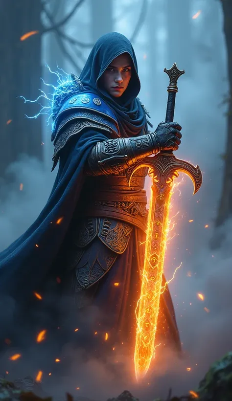 A fantasy warrior holds an enchanted sword that radiates an ethereal blue and orange glow. They wear intricate armor adorned with glowing runes, their eyes exuding determination as the fiery blade of light pierces through smoke billowing from behind them, ...