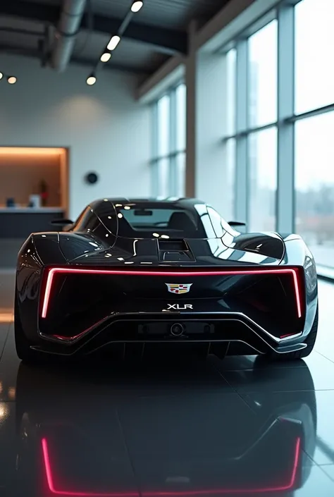 Generate an image of a sleek, black back aerodynamic view of electric sports car with a futuristic design. The rear view should showcase:
>  * A low, aerodynamic profile
>  * Slim, horizontal LED taillights extending across the rear
>  * A prominent diffus...