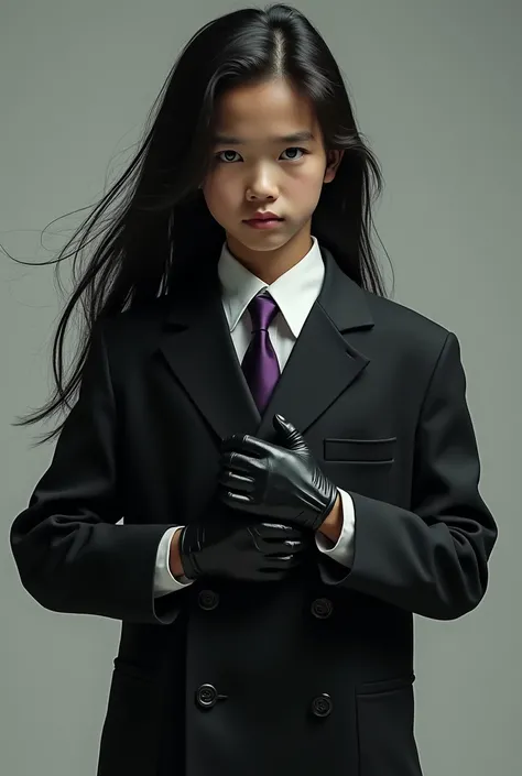 Live Action pre teen Asian boy with Long Flowing black Hair, Wearing a LONG Sleeved, Baggy Black Double Breasted Suit that reaches the ground over a Baggy White Dress shirt Properly Tucked in With The Sleeves cuffs Covering the Palms and Purple tie tied Ti...