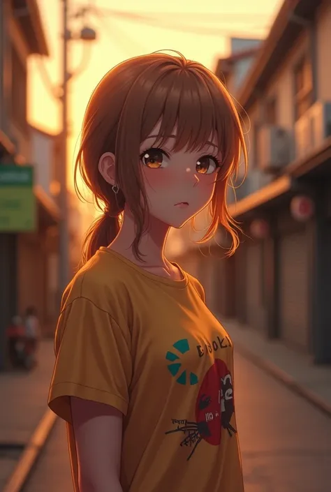 4K.HD. (Masterpiece, Best Quality, ) ,bokeh, a girl, Light brown beautiful hair, Light brown eyes, small breast, Blushed face,colourful t-shirt,  (Japanese idle:1.6),Looking at the viewer, (background is sunset wall street:1.4), (From below:1.6), cowboy sh...