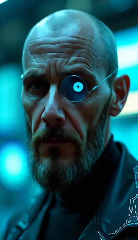 "The close-up reveals the intricate details of Professor AI’s face. His natural eye reflects a sharp intellect, his bald head reflecting the ambient glow of the neon-lit laboratory. His face is slightly wrinkled, with a sharp, calculating gaze from his nat...