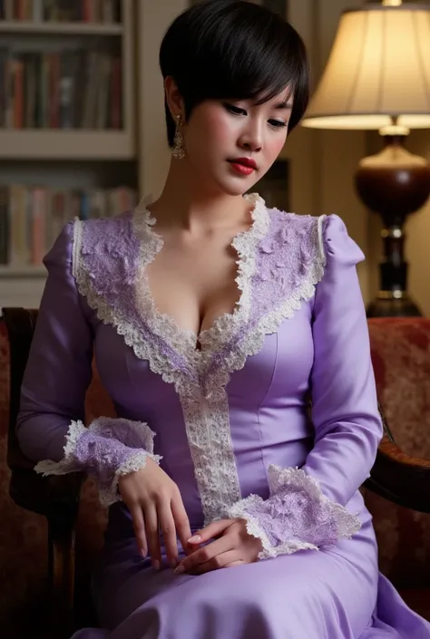 A Korean man in ladies vintage suit dress, he is crossdresser, breasts like a woman, slender female body, His hairstyle is short and manly, purple and white, long sleeves, Rich lace and frills, see-through, silk, sit quietly