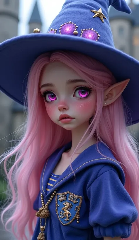  girl,long light pink hair, pink eyes, parts, full lips,big eyes long eyelashes, ish traits , Ravenclaw, Hogwarts