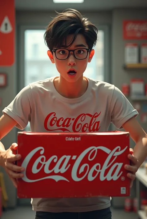 A young man wearing glasses wearing a Coca-Cola shirt is lifting a box of Coca-Cola.