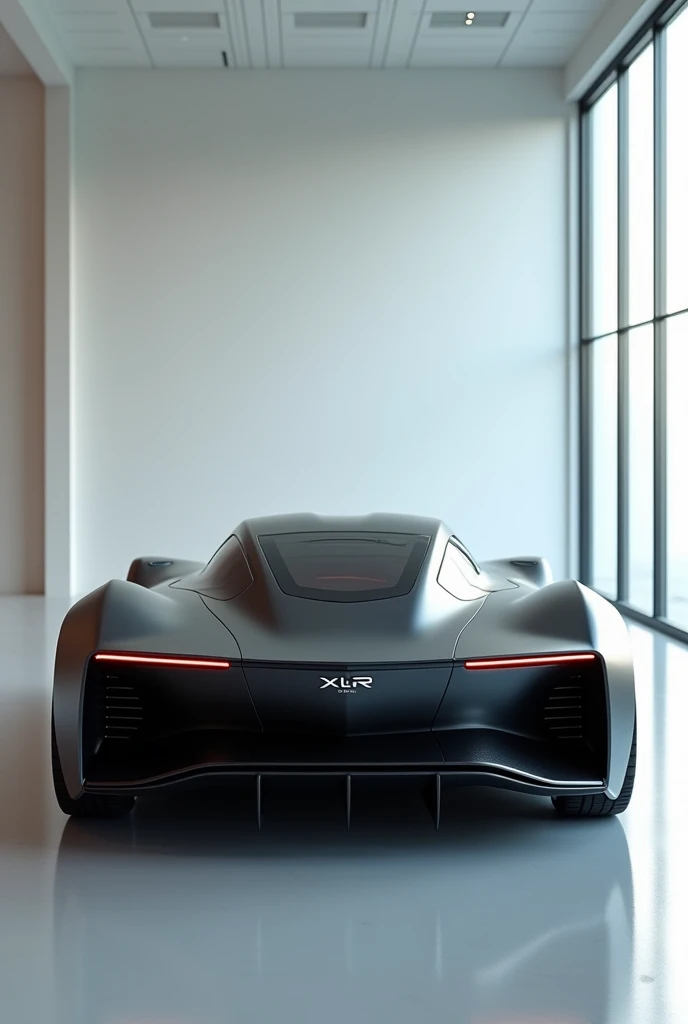 Generate an image of a sleek, black front aerodynamic view of electric sports car with a futuristic design. The rear view should showcase:
>  * A low, aerodynamic profile
>  * Slim, horizontal LED taillights extending across the rear
>  * A prominent diffu...