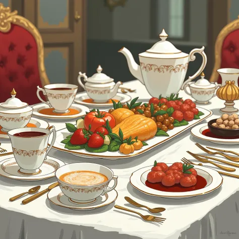 An anime-style illustration of a luxurious Versailles palace feast displayed on a table. The scene features elegant ceramic tableware, captured in a close-up shot with a low-angle perspective. The composition uses clean and simple lines to highlight the in...