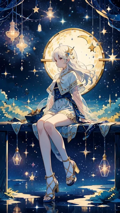    float the crescent moon in the sky、、  sitting on a crescent 、  best quality、masterpiece、   Official Art、   super detailed、32K、Full HD、CG、   High Definition )))、   best combination   、Golden Ratio、   dramatic lighting that widens the space between the le...