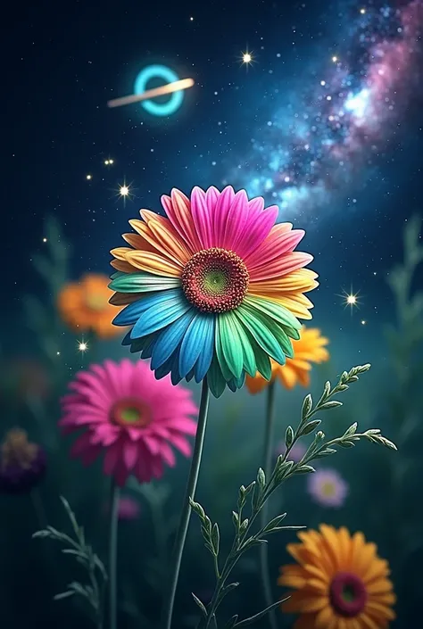 Gerbera flower、Made by AIS-RCN, 8K Photo, "words,     Beautiful Starry Sky ,       rely on side lights      ,     Delicate Artwork with Blurry Grass Complementing the Flower      .", Supple,       flowers close-up    ,          like Lassen     、      ,    ...