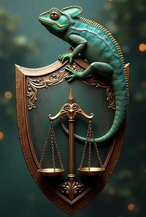 Make a shield of a chameleon with a balance of justice with a book that says miracle down