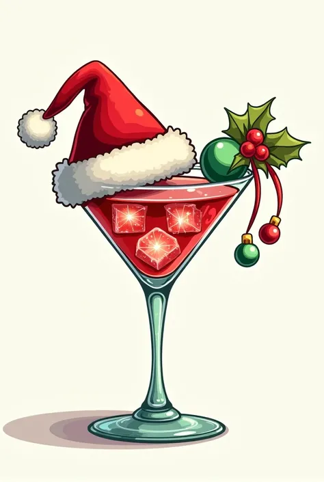 Christmas martini with Christmas hat  and ornaments 
With ice cubes  cartoon 
