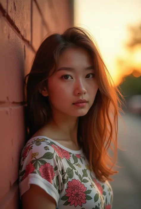 4K.HD. (Masterpiece, Best Quality, ) ,bokeh, a woman 30 years ,Light brown beautiful hair, Light brown eyes, small breast, Blushed face,colourful t-shirt,  (Asian idle:1.6),Looking at the viewer, (background is sunset wall street:1.4), (From below:1.6), co...