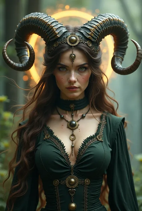 Beautiful hybrid woman with a witch ,  governed by the zodiac sign Aries .  The image must contain elements of a witch and elements of the Aries sign.