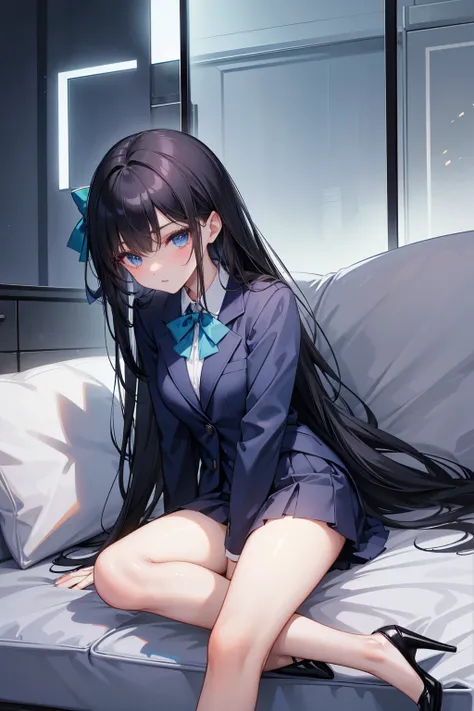 A high school student ， Has long, dark hair ， with warm blue eyes  ，  wearing a fresh blue suit and black heels ，  pure white collar and bright green bow 。  has long dark hair and warm blue eyes  ，Sitting，Reclining on the couch 