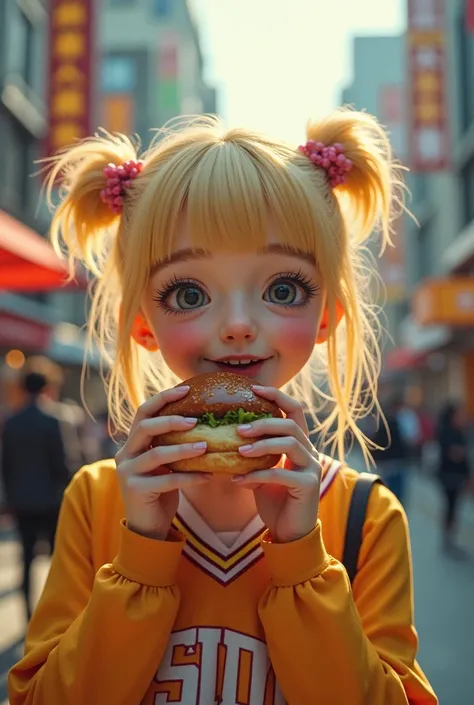 Portray a person with a cute hairstyle, sporting a sweet smile, while enjoying a meat bun, all depicted in the style of Japanese photography with hyper-realistic portraits. Dress the individual as a cheerleader and incorporate instruments typically used in...