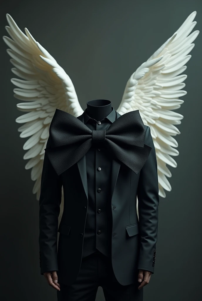 Black bow of a man who passed away, Hyperrealistic and time in the background con alas de ángel