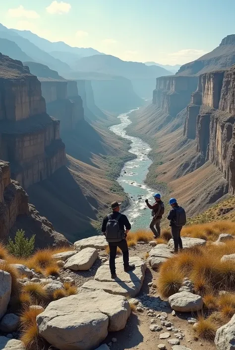  I want a 1080 image where geologists can be seen analyzing completely horizontal strata, Another geologist analyzing a rock in this case they are micritic limestones ,   another geologist analyzing its mechanical properties another one looking at the terr...