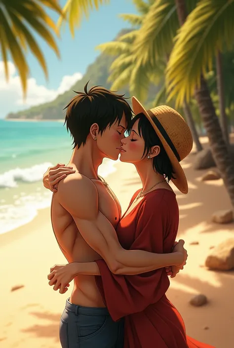 Generate a hyper-realistic image of Luffy kissing Saitama. Deeply emotional their love together beach scene background 