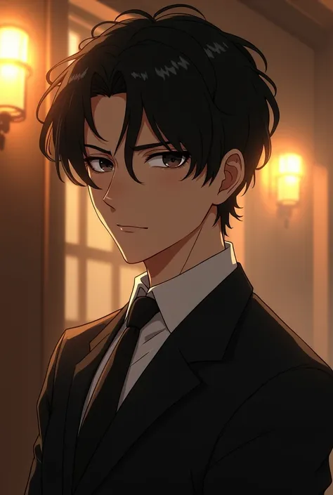  A young and imposing man with striking and elegant features.  He has short black hair styled in a simple way ,  in the classic anime style ,  with slightly messy threads .  His deep black eyes convey intensity and mystery .  He wears a sophisticated black...