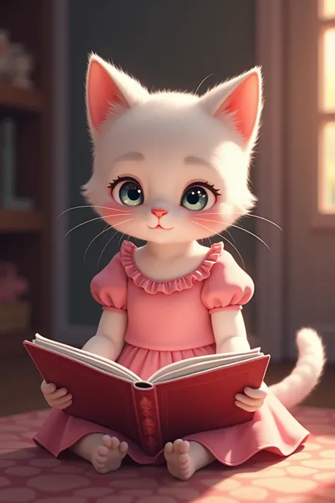 A poor cute cat girl in pink dress watching the red carpet magazine, the cat s eyes are popping up with shin , 